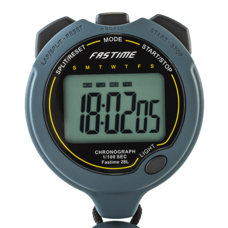 The Fastime 28L Stopwatch by Fastime features a gray jumbo digit display showing 18:02:05, with easy-access buttons for lap, split, reset, start, stop, and light functions. The days of the week are conveniently displayed above the time—perfect for high precision timing during any sports session.