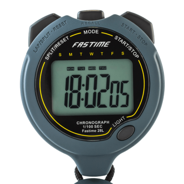 The Fastime 28L Stopwatch by Fastime features a gray jumbo digit display showing 18:02:05, with easy-access buttons for lap, split, reset, start, stop, and light functions. The days of the week are conveniently displayed above the time—perfect for high precision timing during any sports session.