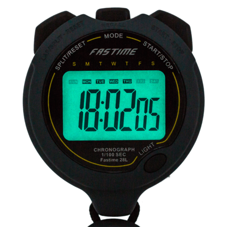 The Fastime 28L Stopwatch by Fastime features a jumbo digit display with a glowing green screen, showing the time 18:02:05 and highlighting Thursday. Designed for high precision timing, it includes buttons labeled SPLIT/RESET, MODE, and START/STOP.