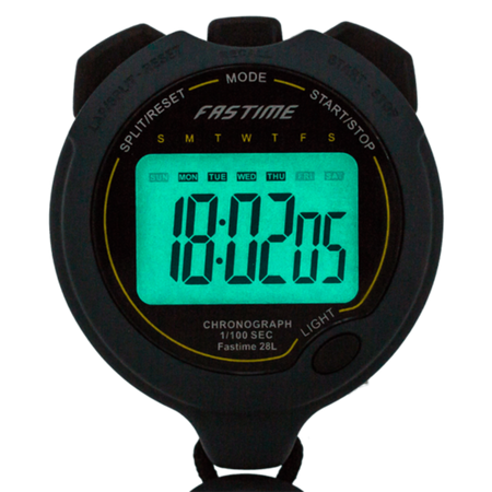 The Fastime 28L Stopwatch by Fastime features a jumbo digit display with a glowing green screen, showing the time 18:02:05 and highlighting Thursday. Designed for high precision timing, it includes buttons labeled SPLIT/RESET, MODE, and START/STOP.