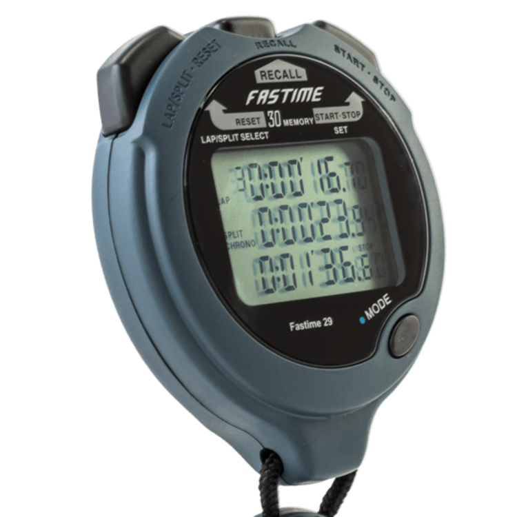 A close-up of the Fastime 29 Stopwatch with a black lanyard, showing multiple time readings on its digital display. The Fastime-branded stopwatch features several buttons for various functions, making it ideal for precision timing and an excellent countdown timer for coaches.