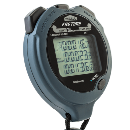 A close-up of the Fastime 29 Stopwatch with a black lanyard, showing multiple time readings on its digital display. The Fastime-branded stopwatch features several buttons for various functions, making it ideal for precision timing and an excellent countdown timer for coaches.