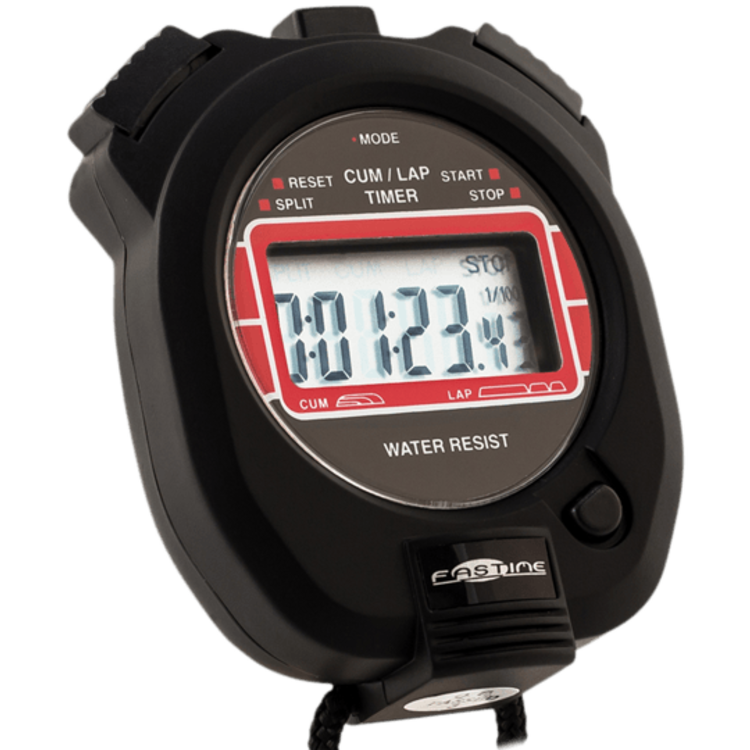 The Fastime 4 Stopwatch by Fastime is a professional digital stopwatch in black, featuring a red and white display showing a time of 10:12.41. Its clearly labeled buttons—reset, split, start, and stop—make it ideal for circuit racing. The screen displays “CUM/LAP TIMER” and “WATER RESIST,” highlighting its water-resistant design that’s perfect for demanding environments.