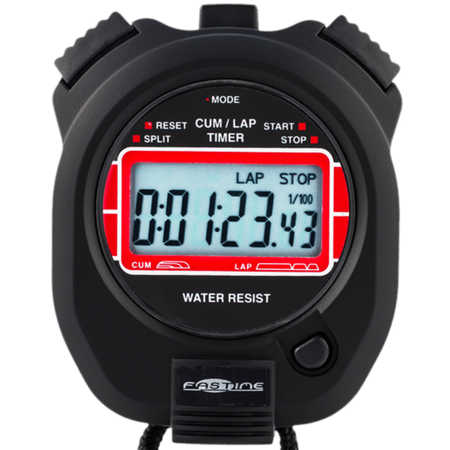 The Fastime 4 Stopwatch by Fastime features a black digital display showing a time of 1 minute, 23.43 seconds. Ideal for circuit racing, its screen indicates LAP and STOP functions, enabling precise lap split tracking. Intuitively placed buttons surround the edges for easy operation, while a water-resistant label is visible at the bottom of the device.