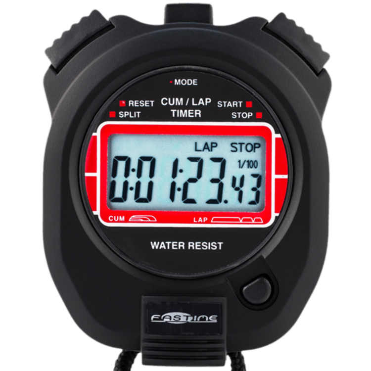 The Fastime 4 Stopwatch by Fastime features a black digital display showing a time of 1 minute, 23.43 seconds. Ideal for circuit racing, its screen indicates LAP and STOP functions, enabling precise lap split tracking. Intuitively placed buttons surround the edges for easy operation, while a water-resistant label is visible at the bottom of the device.