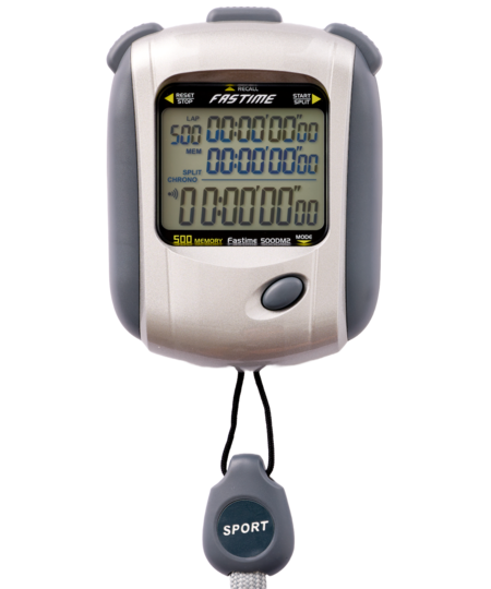 The Fastime 500DM2 Stopwatch by Fastime features a large digital triple display, gray and silver casing, black SPORT-labeled lanyard, multiple time-tracking sections, 500-lap memory, and versatile memory functions.