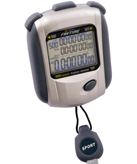 The Fastime 500DM2 Stopwatch by Fastime is a silver and gray digital stopwatch with a large display, black side buttons, and a SPORT-labeled lanyard. It has a triple display in decimal minutes and shows all zeros on its screen.