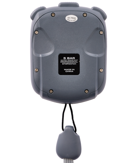 The Fastime 500DM2 Stopwatch by Fastime is a gray, decimal minute, waterproof stopwatch (5 BAR) with triple display and wrist strap, shown from the back with a label reading "Waterproof Professional Stopwatch, Made in China.