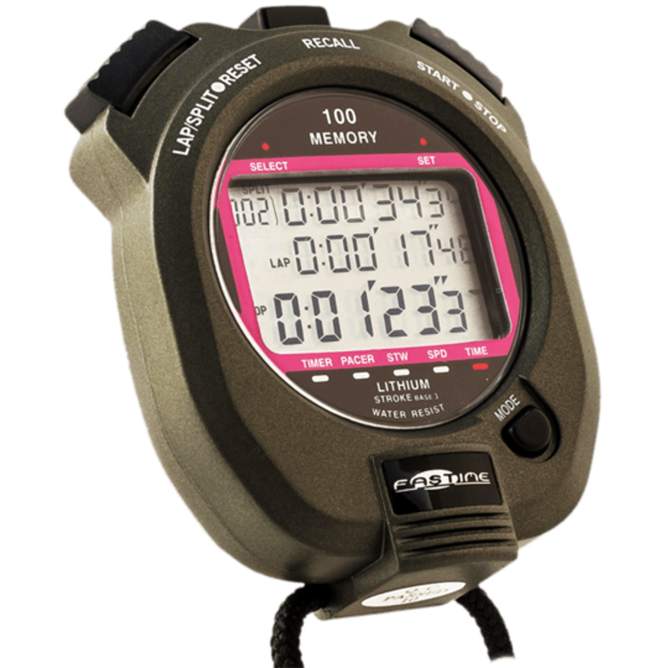 A close-up of the Fastime 7 Stopwatch by Fastime displays lap times and total time on its screen. The dark gray stopwatch features a pink accent around the display, comes with a black cord attached at the bottom, and offers a 100-lap memory—making it an excellent choice for coaching tools and precise training sessions.