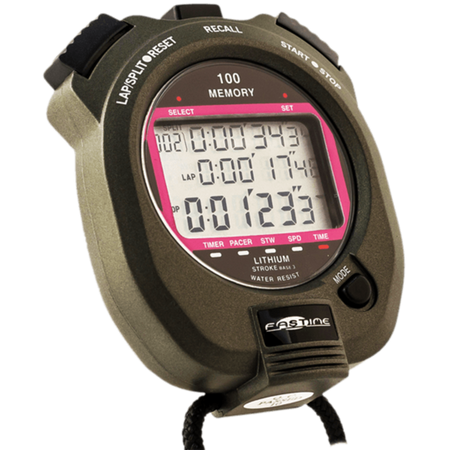 A close-up of the Fastime 7 Stopwatch by Fastime displays lap times and total time on its screen. The dark gray stopwatch features a pink accent around the display, comes with a black cord attached at the bottom, and offers a 100-lap memory—making it an excellent choice for coaching tools and precise training sessions.