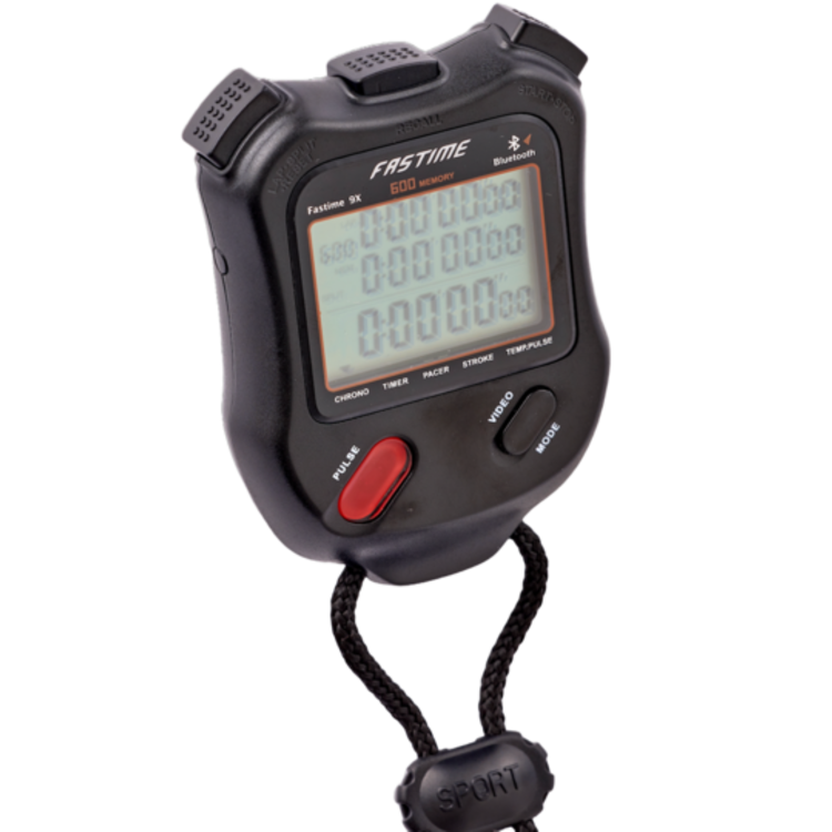 A close-up of the Fastime 9X Stopwatch by Fastime, featuring a black digital design with a display screen, Start/Stop and Reset buttons, and a black cord labeled SPORT attached at the bottom; this professional sports timer also boasts an impressive 600-lap memory for precise athletic tracking.