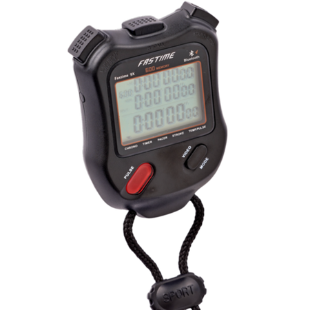 A close-up of the Fastime 9X Stopwatch by Fastime, featuring a black digital design with a display screen, Start/Stop and Reset buttons, and a black cord labeled SPORT attached at the bottom; this professional sports timer also boasts an impressive 600-lap memory for precise athletic tracking.