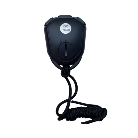 A black handheld device, the Fastime Fast RS-808 Stopwatch, features a large single-digit display, a toggle switch, and a QC PASSED sticker on its top. Attached to a black cord and photographed against a plain light background, it closely resembles an economy stopwatch in style.