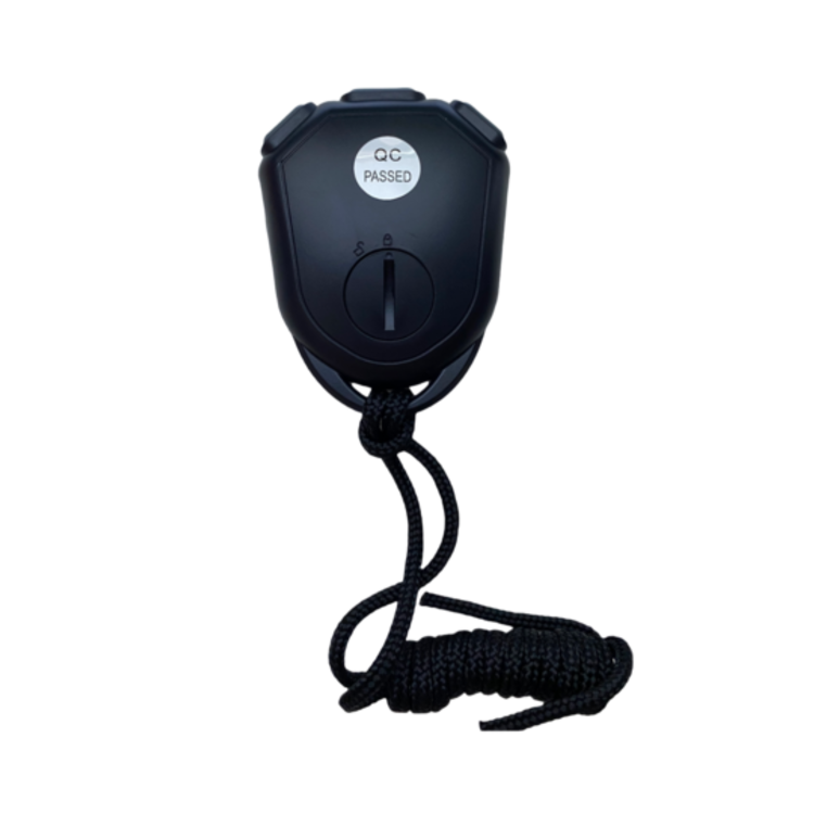 A black handheld device, the Fastime Fast RS-808 Stopwatch, features a large single-digit display, a toggle switch, and a QC PASSED sticker on its top. Attached to a black cord and photographed against a plain light background, it closely resembles an economy stopwatch in style.