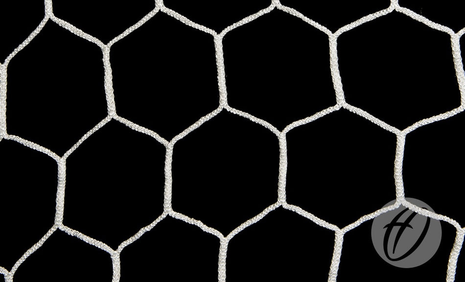 Close-up of a white hexagonal net pattern, reminiscent of a box-shaped football net made from 4mm braided nylon, set against a black background, with a gray circle containing a stylized H in the lower right corner. Product shown: Harrod Sport 4mm Hexagonal Net - Senior 2m Runback.