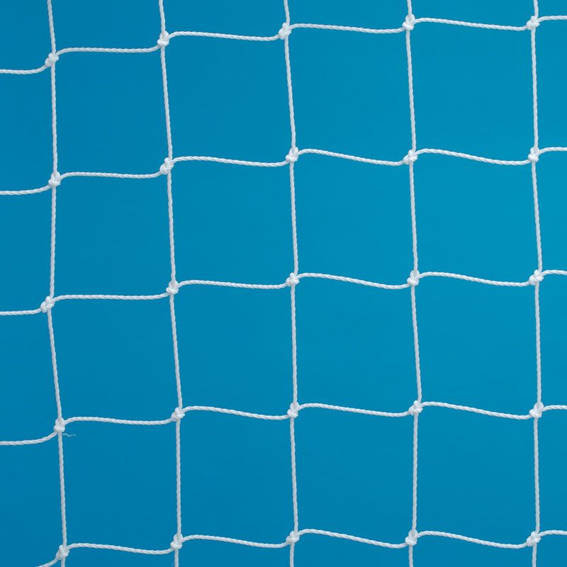 Close-up of the Harrod Sport Weighted FPX 4mm Football Net (Senior size: 7.32m x 2.44m), crafted from robust 4mm polyethylene with square mesh, shown against a vibrant blue background.