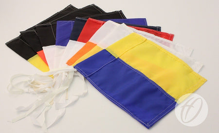Five sets of Harrod Sport Black & White Horizontal Flag football belts are displayed in a fan arrangement on a white surface. The belts, each with two attached horizontal flags and white adjustable straps, come in black, blue, red, yellow, and white—perfect for marking out games with PVC corner poles or within 30cm x 30cm areas.
