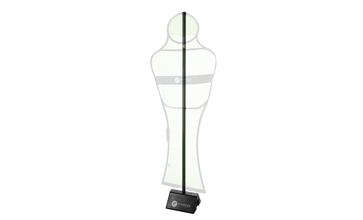 The Finesse Mannequin Base by Finesse is a clear, life-size soccer training mannequin featuring a black vertical support pole and weighted base, ideal for practicing free kicks and drills.