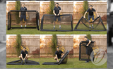 A man in a backyard shows how to assemble the Finesse Folding Target Goal in six steps, starting with the unfolded frame and ending with the brand’s training goal fully set up.