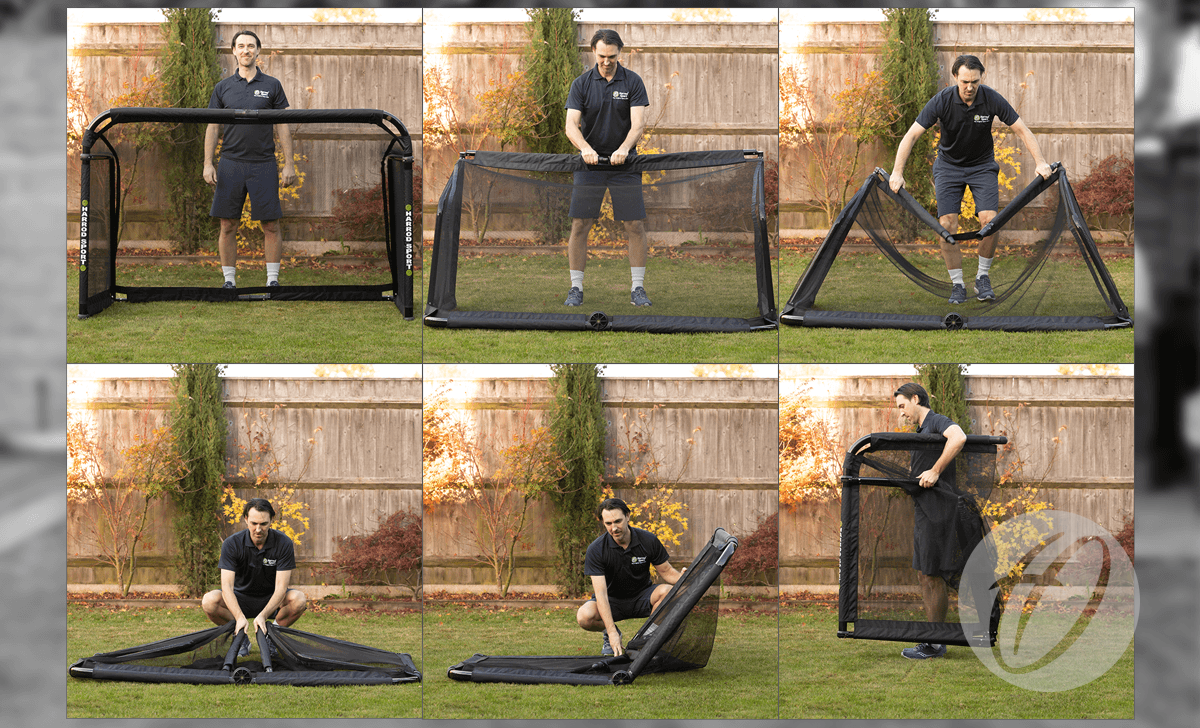 A man in a backyard shows how to assemble the Finesse Folding Target Goal in six steps, starting with the unfolded frame and ending with the brand’s training goal fully set up.