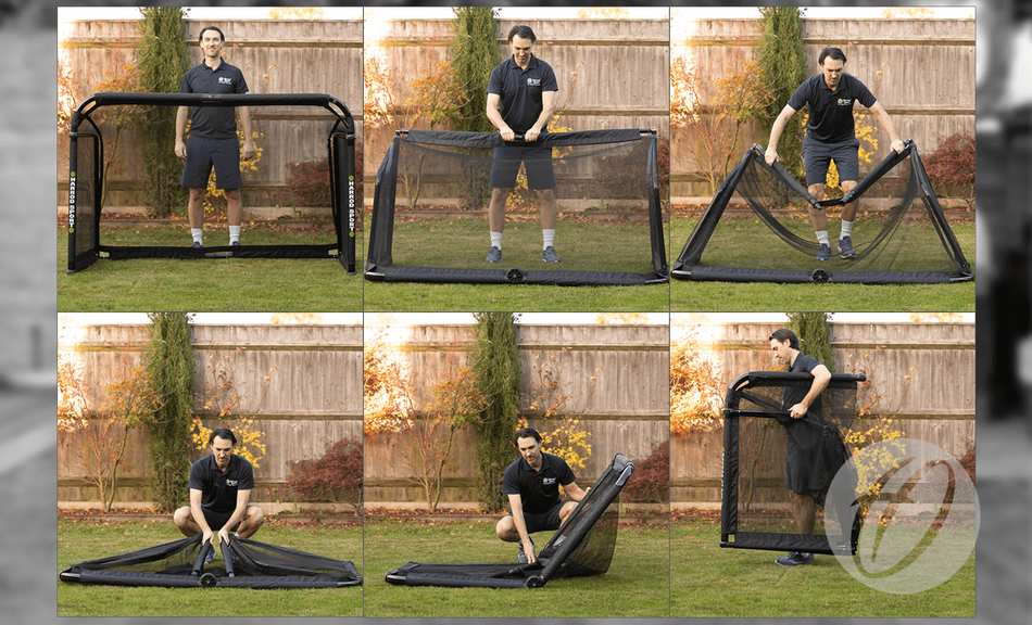 A man in a backyard shows how to assemble the Finesse Folding Target Goal in six steps, starting with the unfolded frame and ending with the brand’s training goal fully set up.