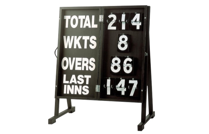 The Martin Berrill Sports Folding Cricket Portascore displays TOTAL 214, WKTS 8, OVERS 86, LAST INNS 147 with large white numbers and letters on a portable standing frame.