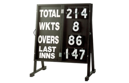 The Martin Berrill Sports Folding Cricket Portascore displays TOTAL 214, WKTS 8, OVERS 86, LAST INNS 147 with large white numbers and letters on a portable standing frame.