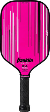 The Franklin Signature Pro Series Pickleball Paddle by Franklin features a bright pink color, USA Pickleball certified MaxGrit surface technology, white and black vertical lines, “MAX GRIT” at the top, and a black grip handle.