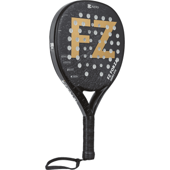 The FZ Forza Aero X10 Black Padel Ball Racket features a 3D printed surface, large gold FZ letters, round holes, a wrist strap, and the FZ Forza brand name displayed on the side.