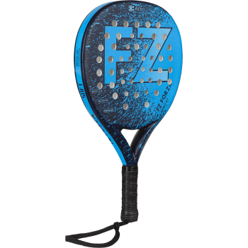 The FZ Forza Aero X7 Padel Ball Racket by FZ Forza features a blue and black round face with perforated holes and large FZ letters. Made from 100% graphite with soft EVA foam, it has a black grip tape handle and an attached wrist strap.