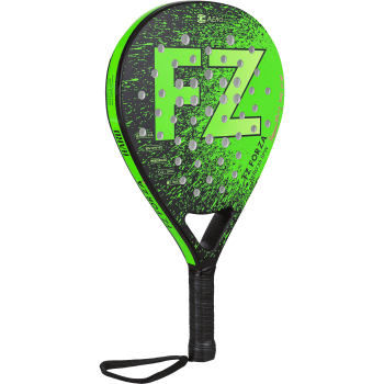 The FZ Forza Aero X9 Spin Padel Ball Racket features a green and black design with bold FZ letters, a 100% graphite build, textured surface for spin, perforations for control, and a black grip handle with wrist strap.