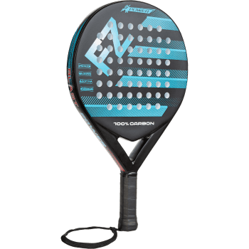 The FZ Forza Blast Power Padel Ball Racket by FZ Forza features a black and blue soft EVA round head, perforated holes, carbon fiber design, and a wrist strap attached to its black grip.
