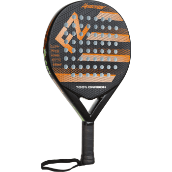 The FZ Forza Blast Spin Padel Ball Racket by FZ Forza features a black and orange design, circular perforated head, 3D printed surface for spin and power, black grip with wrist strap, plus visible branding and "100% CARBON" on the throat.