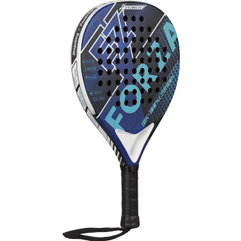 The FZ Forza Brace Power Padel Ball Racket is a blue and black, head-heavy racket with a round, holed face, textured surface, 18K graphite build, black grip handle with wrist strap, and FZ FORZA branding.