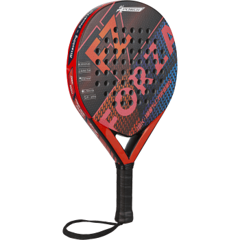 The FZ Forza Brace Spin Padel Racket by FZ Forza is a round, red and black paddle with "FORIA" on the face, featuring an 18K textured woven graphite surface for power and spin, plus a black grip and wrist strap.