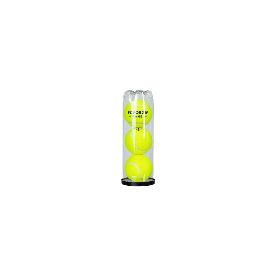 The FZ Forza Padel Game Ball by FZ Forza comes in a clear plastic canister with three yellow balls stacked vertically, featuring black text on the top ball.