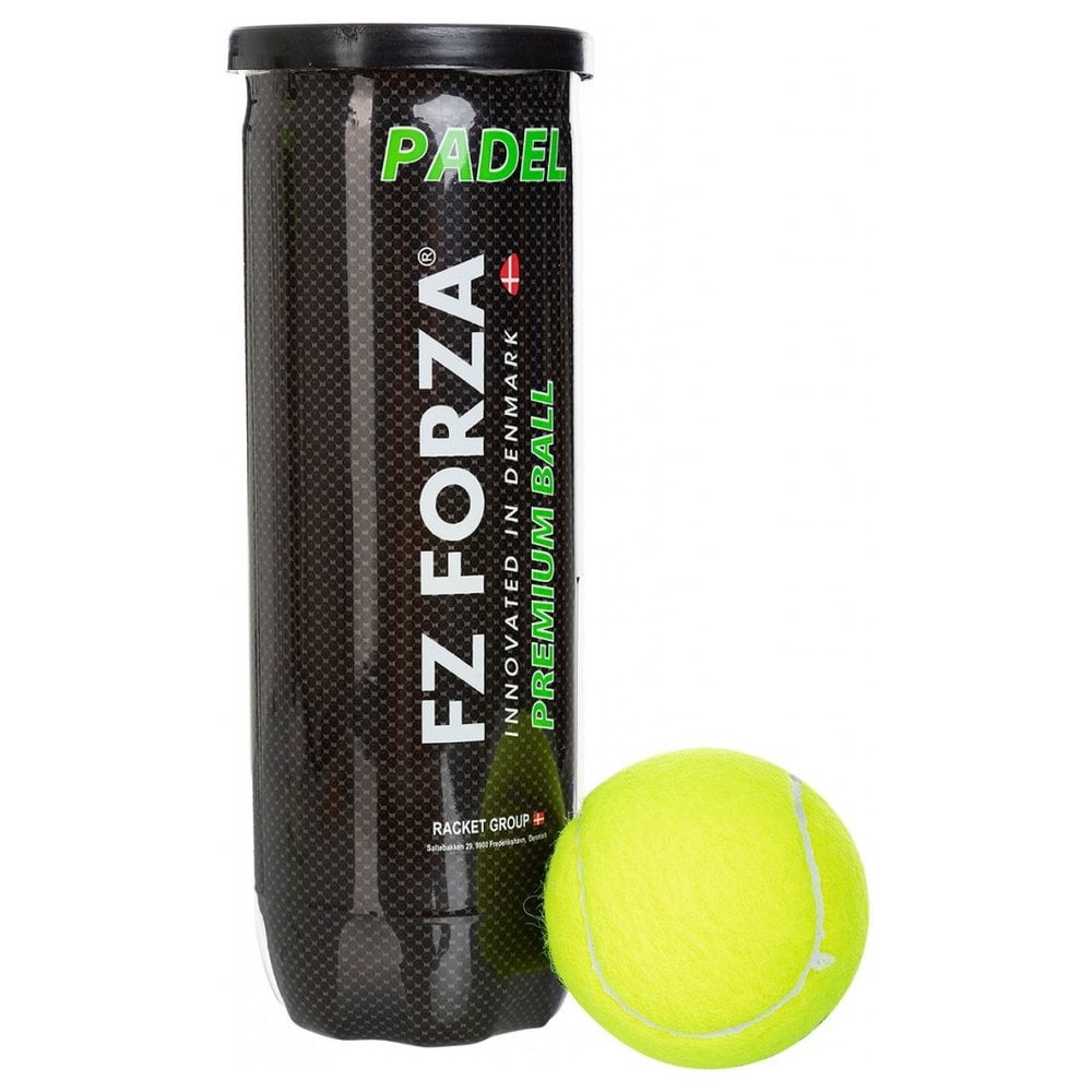 A black cylindrical FZ Forza canister labeled "Padel Premium Ball" stands next to a bright yellow, durable padel ball.