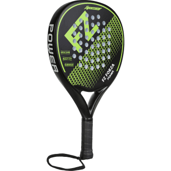 The FZ Forza Power Padel Ball Racket, by FZ Forza, features a black and green design with a perforated face, POWER text, soft EVA foam, black grip, and wrist strap—perfect for beginners.