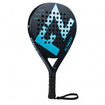 The FZ Forza Ultra Power 2.0 Padel Ball Racket features a black and blue design with a large FZ logo, 3K woven graphite construction, central perforated holes, and a black handle with wrist strap.