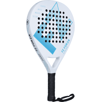 The FZ Forza Ultra Spin 2.0 Padel Ball Racket features a white design with black grip, black holes, light blue geometric accents, hard EVA foam, 3K graphite for durability, and a secure wrist strap.