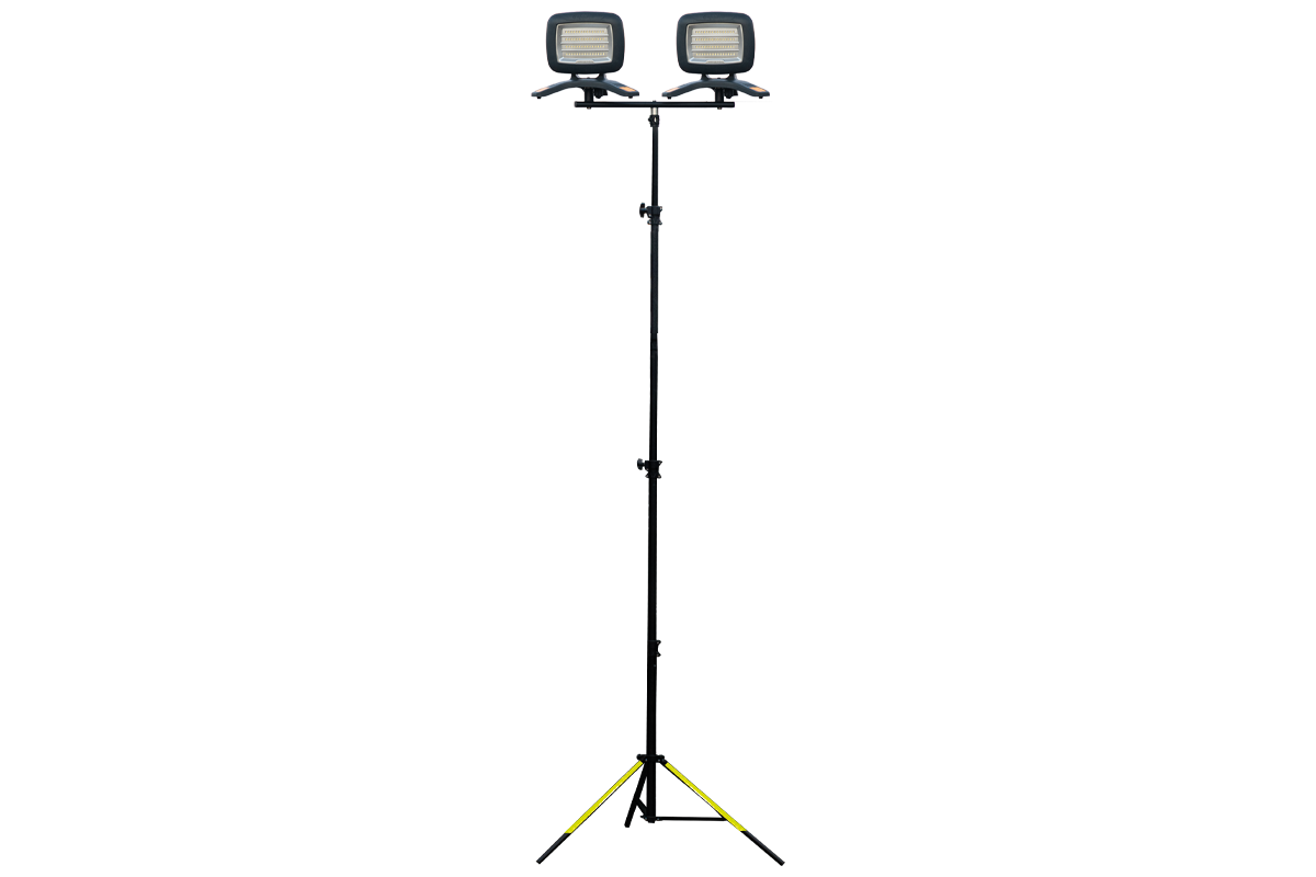 The Nightsearcher Galaxy Pro Twin Portable Floodlights are rechargeable LED work lights with a rectangular design, mounted on an adjustable black tripod stand with yellow accents, displayed against a plain white background.