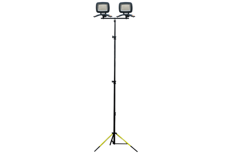 The Nightsearcher Galaxy Pro Twin Portable Floodlights are rechargeable LED work lights with a rectangular design, mounted on an adjustable black tripod stand with yellow accents, displayed against a plain white background.