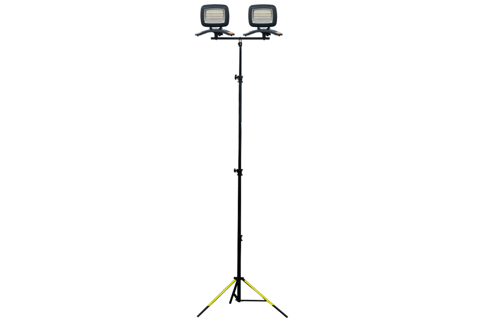 The Nightsearcher Galaxy Pro Twin Portable Floodlights are rechargeable LED work lights with a rectangular design, mounted on an adjustable black tripod stand with yellow accents, displayed against a plain white background.