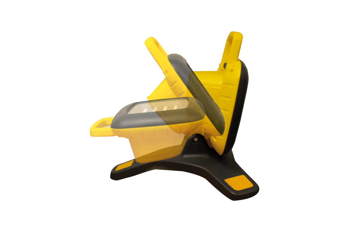 A yellow and black plastic seat with a movable transparent tray, shown open and closed against a white backdrop—ideal for use with the Nightsearcher Galaxy Pro Twin Portable Floodlights during outdoor training sessions.