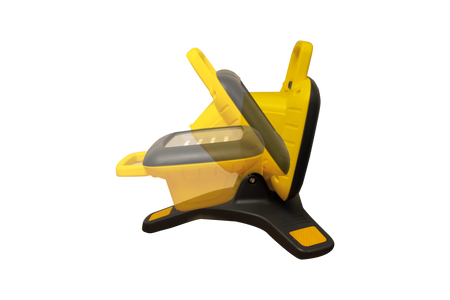 A yellow and black plastic seat with a movable transparent tray, shown open and closed against a white backdrop—ideal for use with the Nightsearcher Galaxy Pro Twin Portable Floodlights during outdoor training sessions.