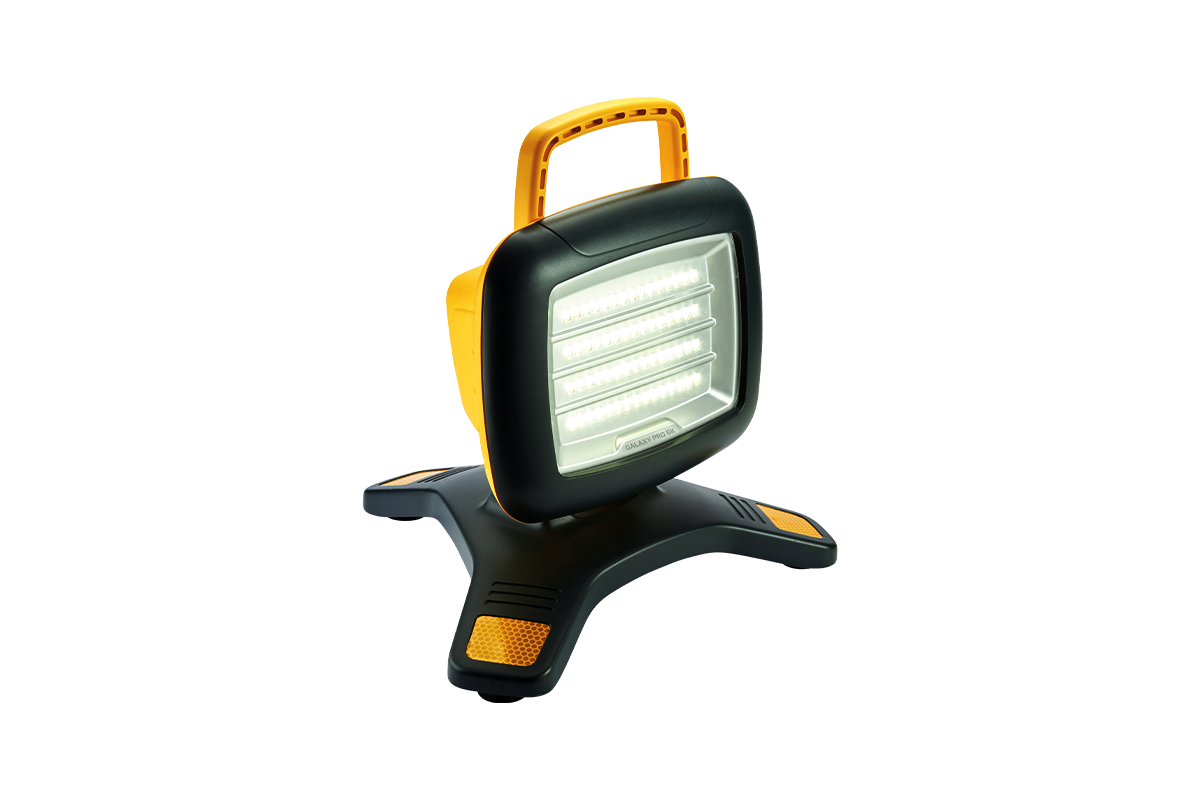 The Nightsearcher Galaxy Pro Twin Portable Floodlights feature a black and yellow design, sturdy tripod base, top carry handle, and rechargeable LED lights—perfect for versatile task lighting anywhere.