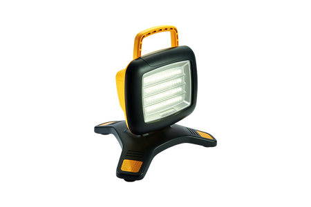The Nightsearcher Galaxy Pro Twin Portable Floodlights feature a black and yellow design, sturdy tripod base, top carry handle, and rechargeable LED lights—perfect for versatile task lighting anywhere.