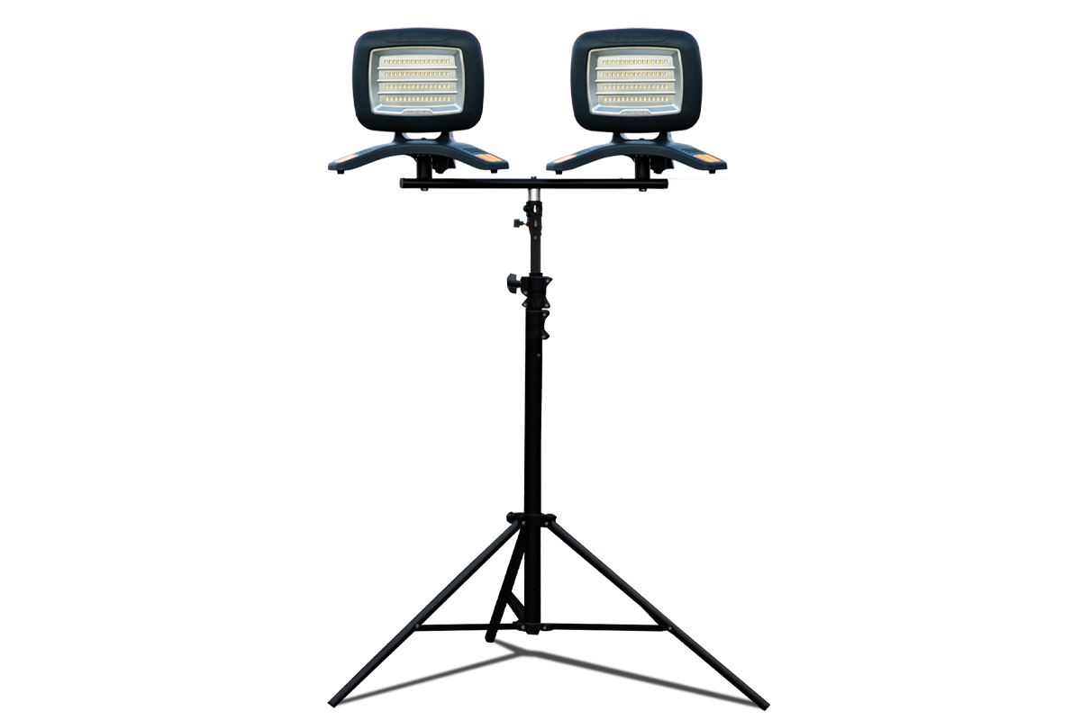 The Nightsearcher Galaxy Pro Twin Portable Floodlights feature dual rectangular LED heads on a black tripod stand, each facing forward, perfect as a portable sports floodlight, set against a plain light-gray background.