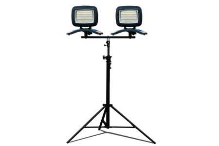 The Nightsearcher Galaxy Pro Twin Portable Floodlights feature dual rectangular LED heads on a black tripod stand, each facing forward, perfect as a portable sports floodlight, set against a plain light-gray background.