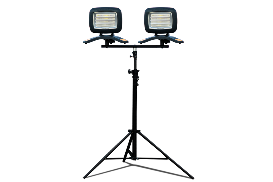 The Nightsearcher Galaxy Pro Twin Portable Floodlights feature dual rectangular LED heads on a black tripod stand, each facing forward, perfect as a portable sports floodlight, set against a plain light-gray background.